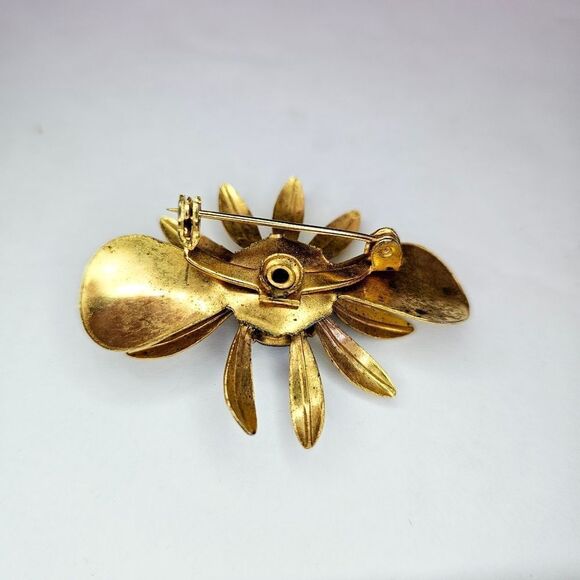 Vintage Sapphire Round Prong Set Rhinestone Gold Tone Floral Daisy Brooch Pin - Picture 7 of 8